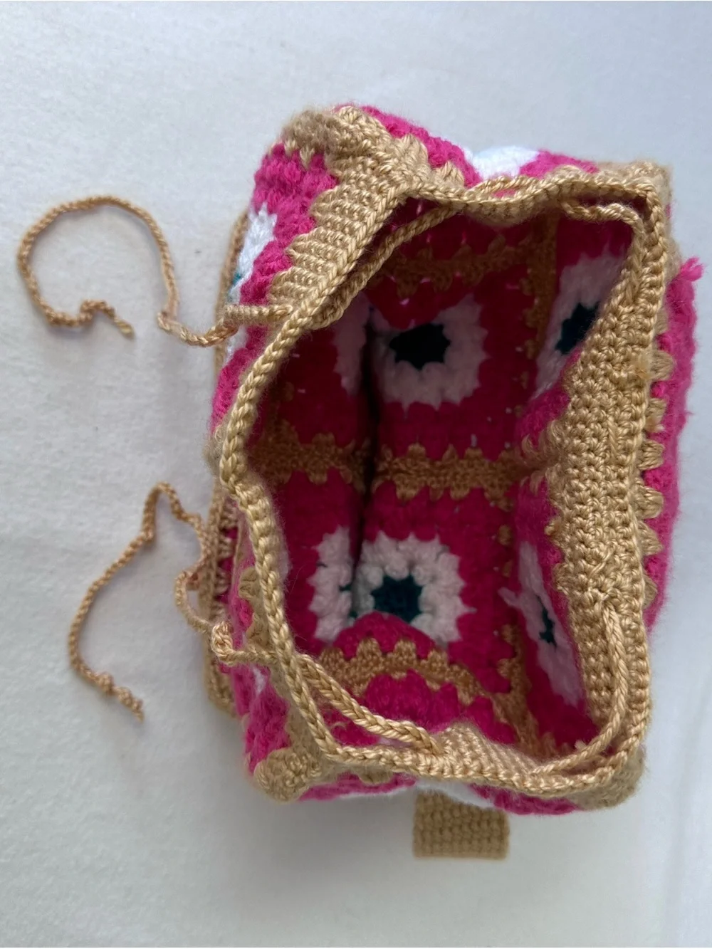 Handmade Pink Crochet Mini Backpack with Gold Trim